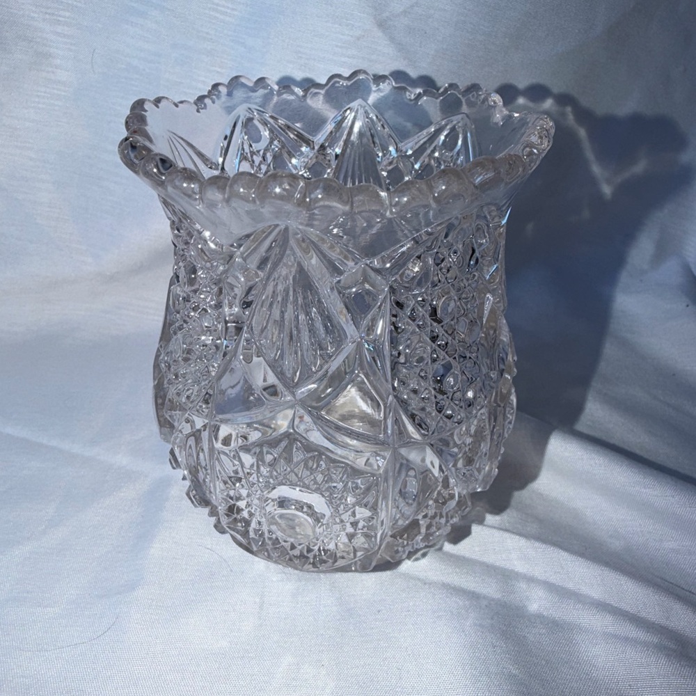 Vintage EAPG Cut Glass Small Vase Hobstar & Fan Pattern Scalloped Sawtooth Rim - Picture 2 of 8